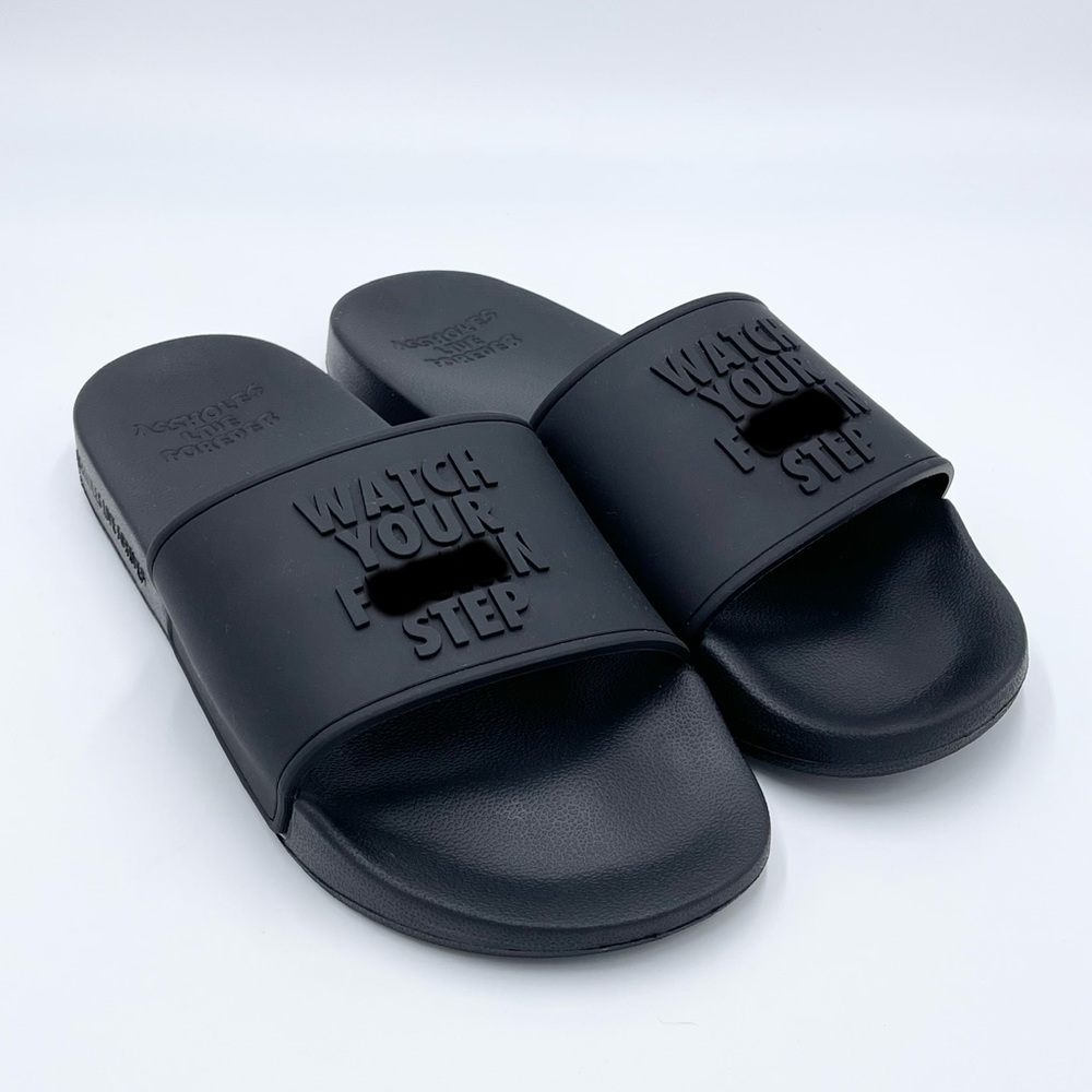 Linda Finegold Alf - Watch Your F’n Step Mens Black Slip On Slides Sandal Sz 8 - Picture 1 of 11